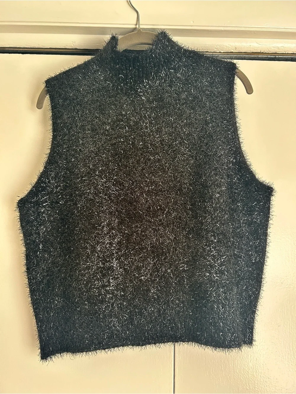 J Crew Sleeveless Turtleneck Sleeveless Shaggy Knit Top - Black & Silver